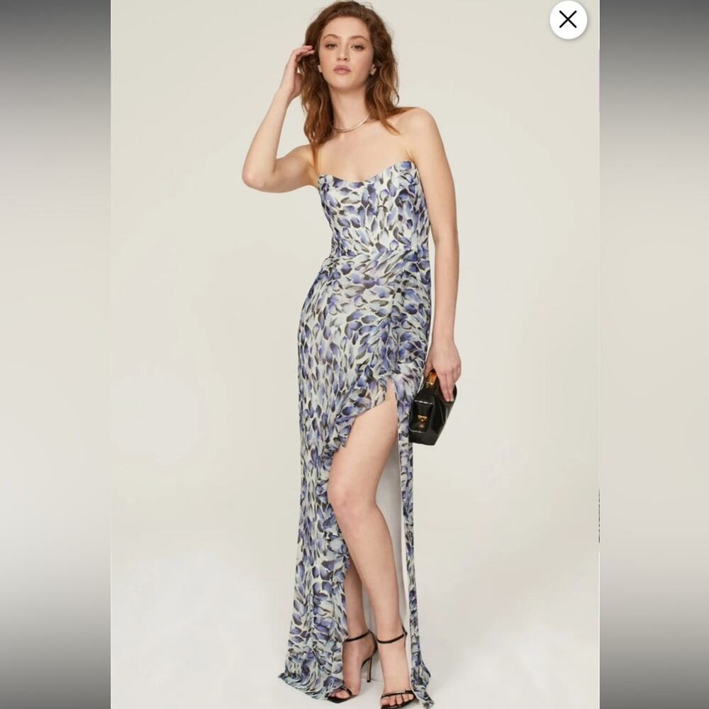 RTR Katie May Baby Cakes Off White & Blue Printed Strapless‎ Maxi Dress Sz S
